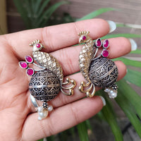 Maharani Jewels Inspired Oxidised Plated Pota And Pearl Detailing Peacock  Dangler Earrings