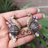 Maharani Jewels Inspired Oxidised Plated Pota And Pearl Detailing Peacock  Dangler Earrings