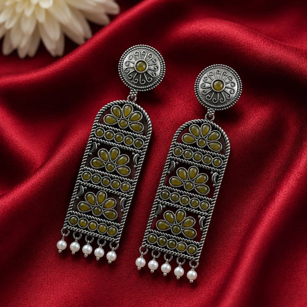 Maharani Jewels Inspired Oxidised Plated Pota Stone Dangler Earrings