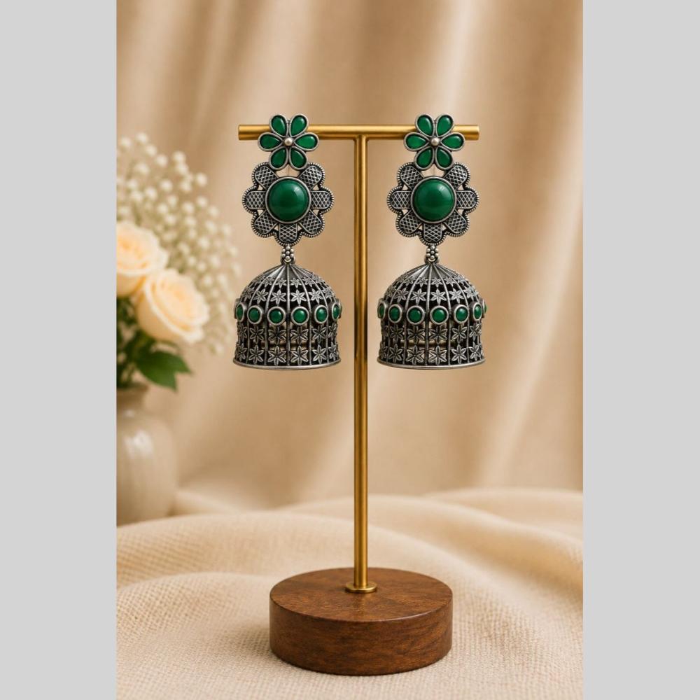 Maharani Jewels Inspired Oxidised Plated Pota Stone Jhumki Earrings