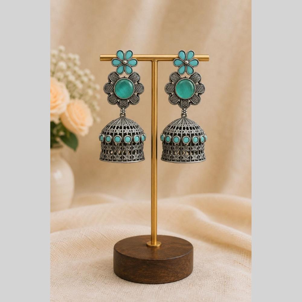 Maharani Jewels Inspired Oxidised Plated Pota Stone Jhumki Earrings