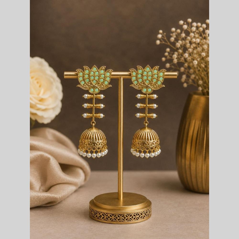Maharani Jewels Inspired Gold Plated Pota Stone And Pearl Jhumki Earrings