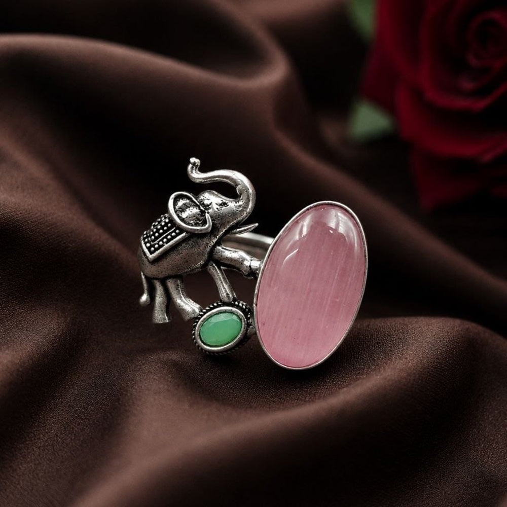 Maharani Jewels Oxidised Elephant Pota Stone Statement Ring