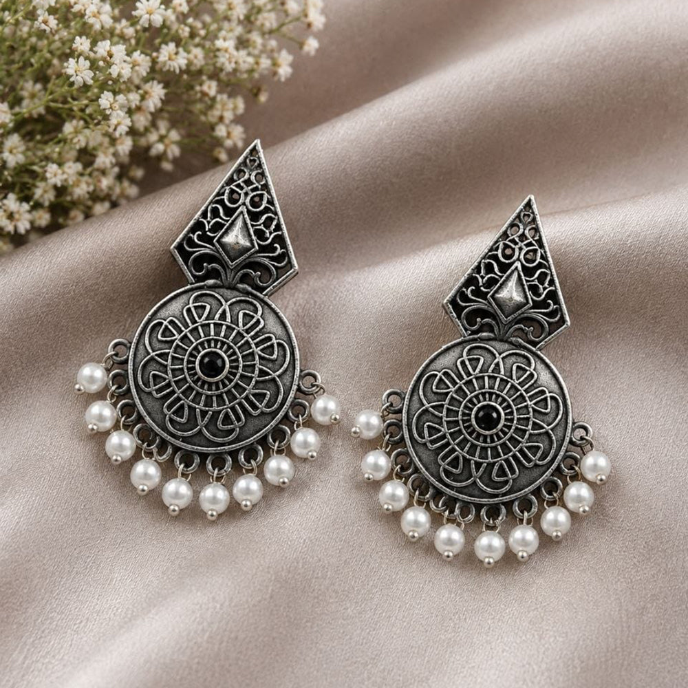 Maharani Jewels Inspired Oxidised Plated Pota Stone And Pearl Dangler Earrings