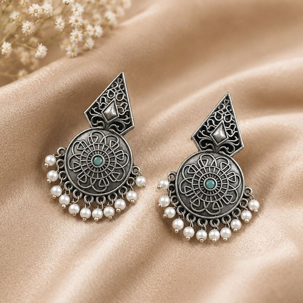 Maharani Jewels Inspired Oxidised Plated Pota Stone And Pearl Dangler Earrings