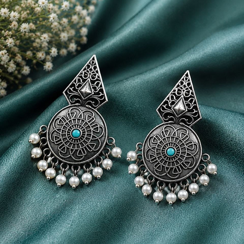 Maharani Jewels Inspired Oxidised Plated Pota Stone And Pearl Dangler Earrings