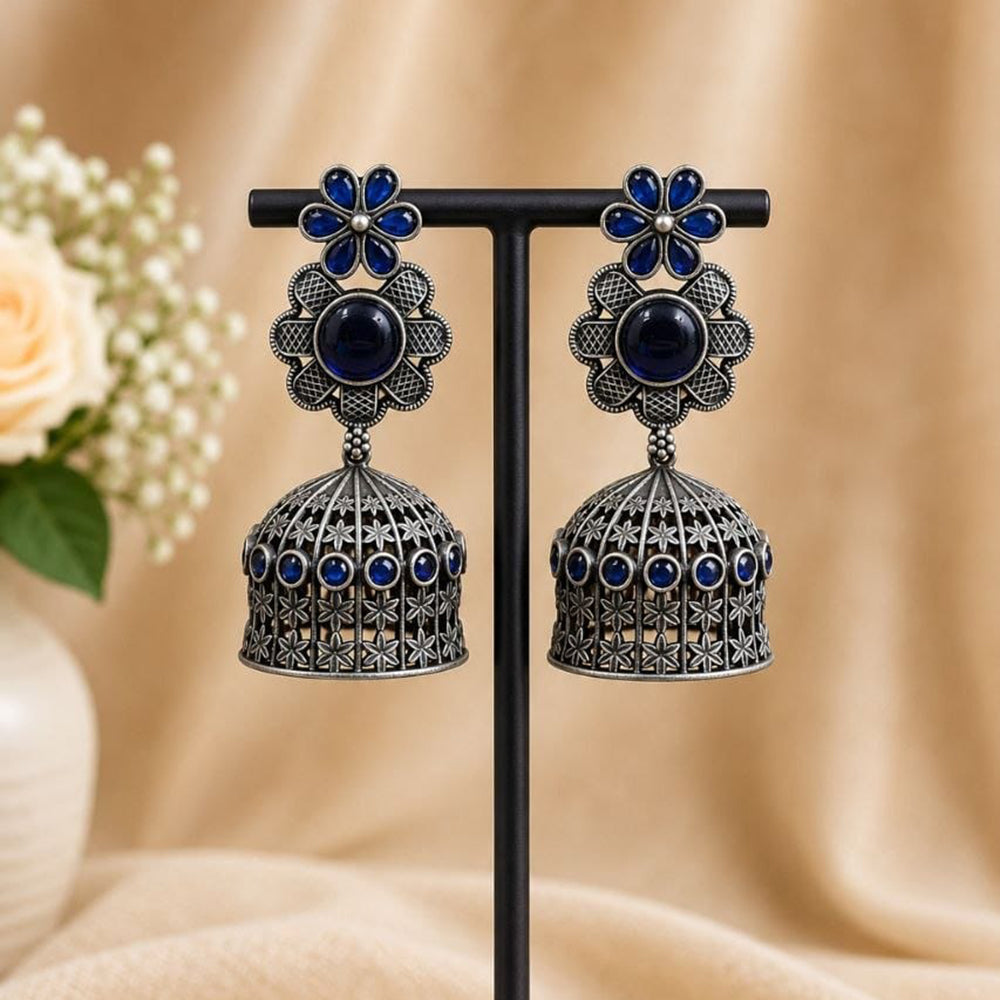 Maharani Jewels Inspired Oxidised Plated Pota Stone Jhumki Earrings