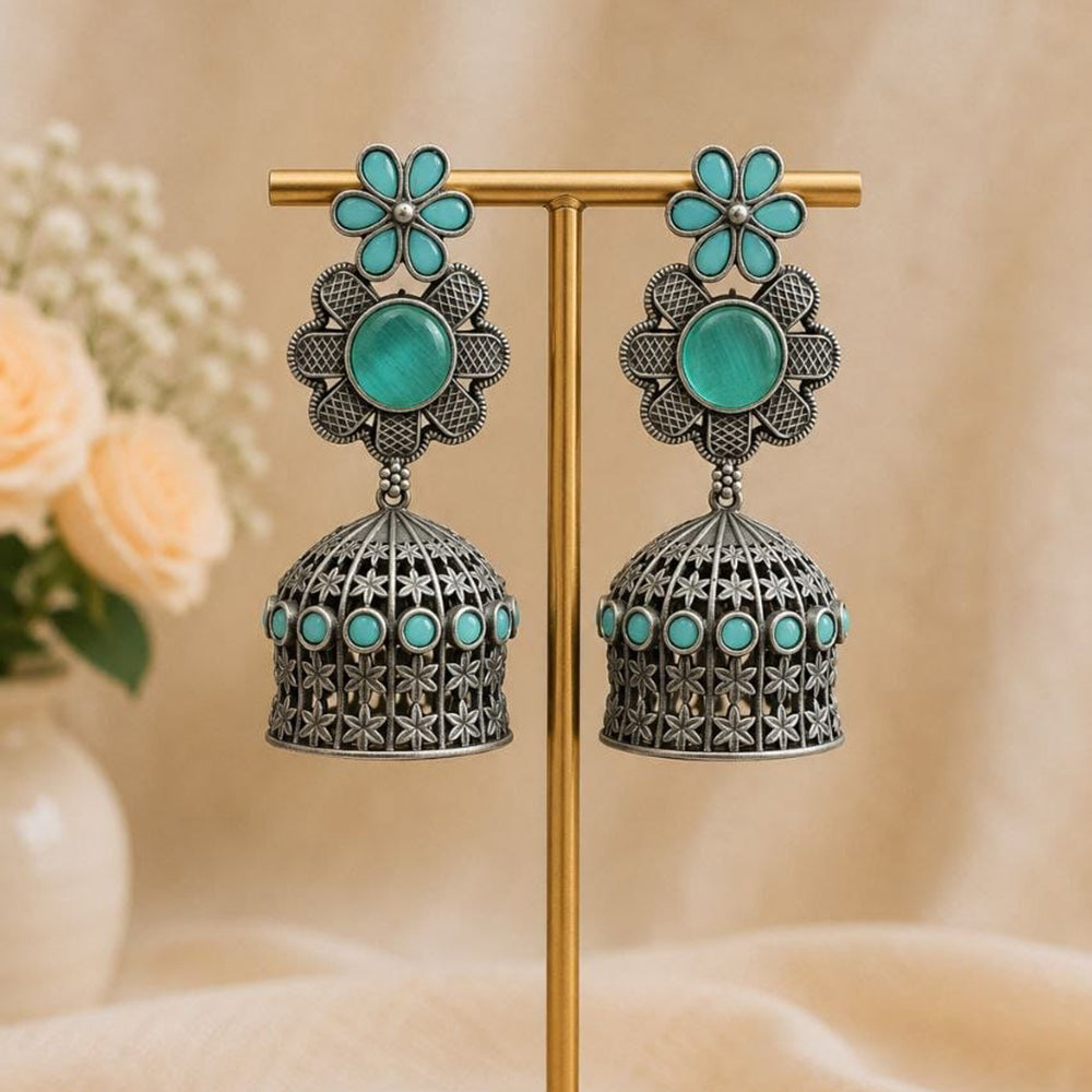 Maharani Jewels Inspired Oxidised Plated Pota Stone Jhumki Earrings
