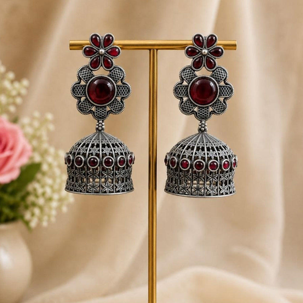 Maharani Jewels Inspired Oxidised Plated Pota Stone Jhumki Earrings