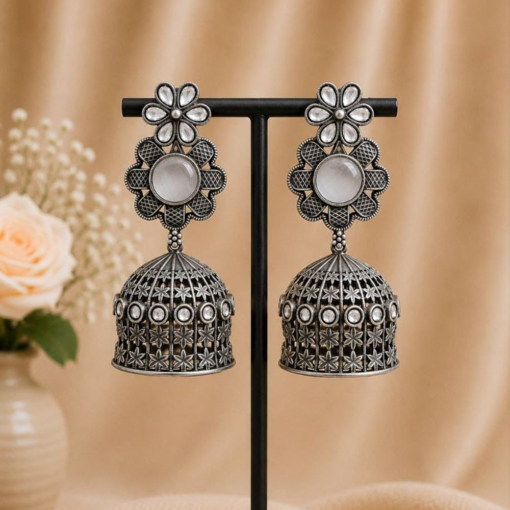 Maharani Jewels Inspired Oxidised Plated Pota Stone Jhumki Earrings