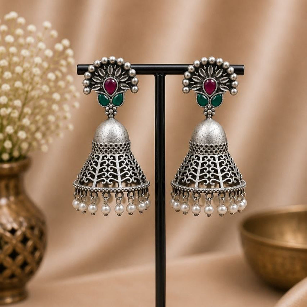 Maharani Jewels Inspired Oxidised Plated Pota Stone And Pearl Jhumki Earrings