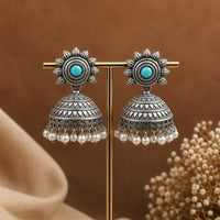 Maharani Jewels Inspired Oxidised Plated Pota Stone And Pearl Jhumki Earrings
