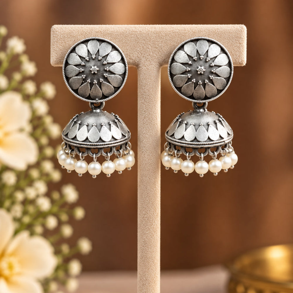 Maharani Jewels Inspired Oxidised Plated Pearl Jhumki Earrings