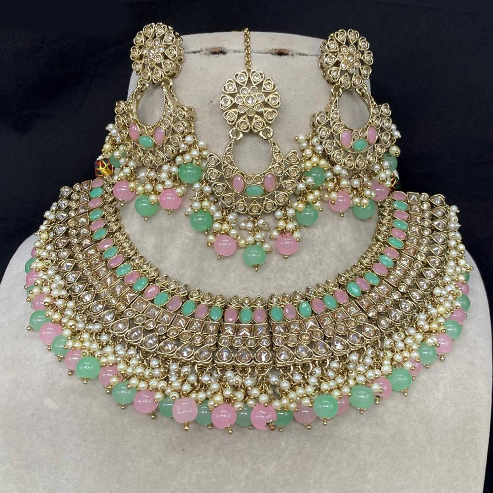 Royal Kundan Jewellery Gold Plated Crystal Stone And Beads Necklace Set