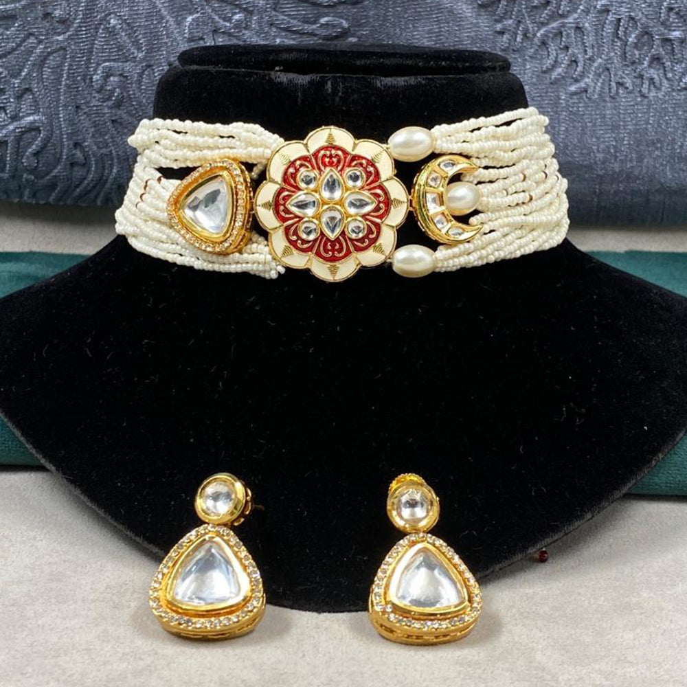 Royal Kundan Jewellery Gold Plated Kundan Stone And Pearls Meenakari Choker Necklace Set