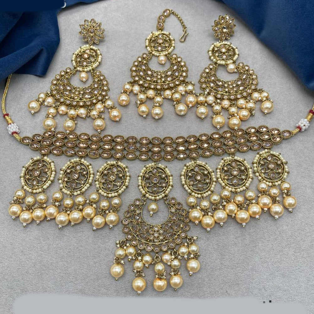 Royal Kundan Jewellery Gold Plated Crystal Stone And Pearls Choker Necklace Set