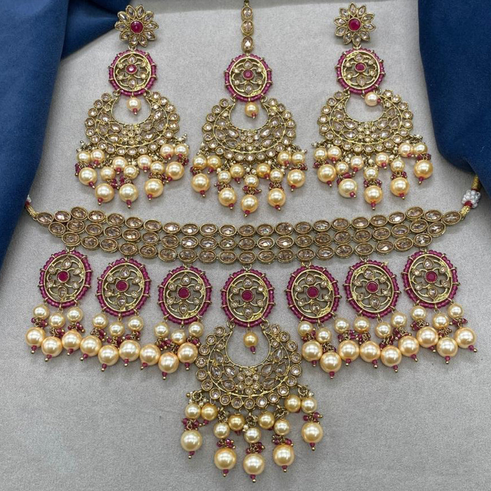 Royal Kundan Jewellery Gold Plated Crystal Stone And Pearls Choker Necklace Set