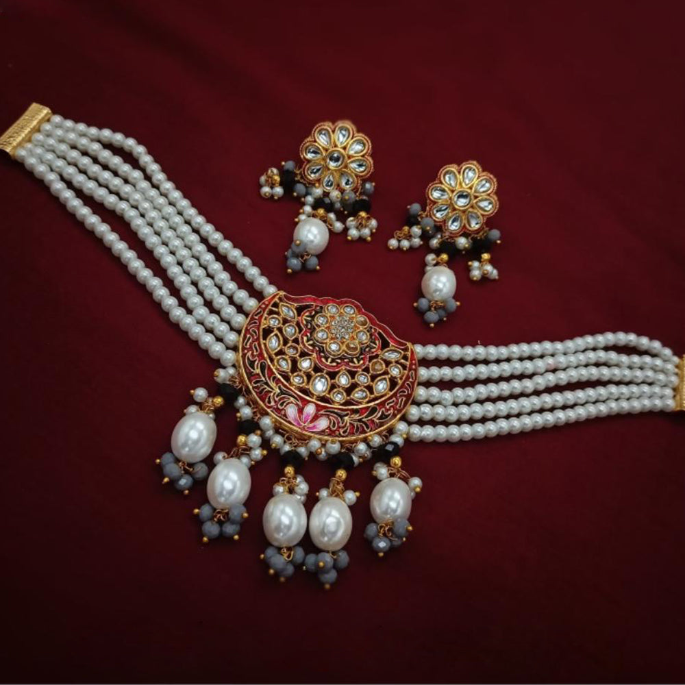 Royal Kundan Jewellery Gold Plated Kundan Stone And Pearls Meenakari Choker Necklace Set