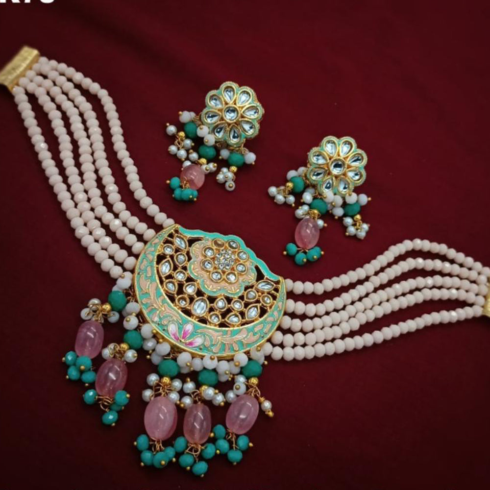 Royal Kundan Jewellery Gold Plated Kundan Stone And Pearls Meenakari Choker Necklace Set