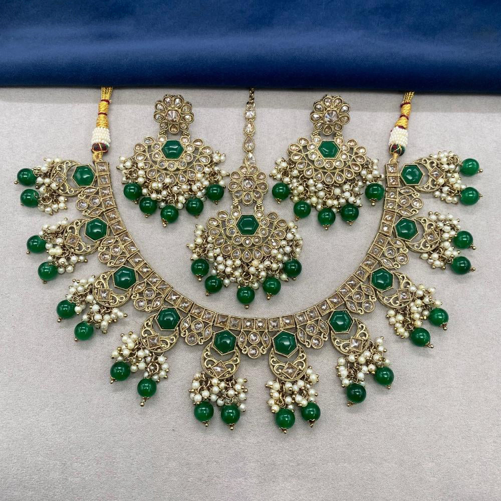 Royal Kundan Jewellery Gold Plated Crystal Stone And Beads Necklace Set