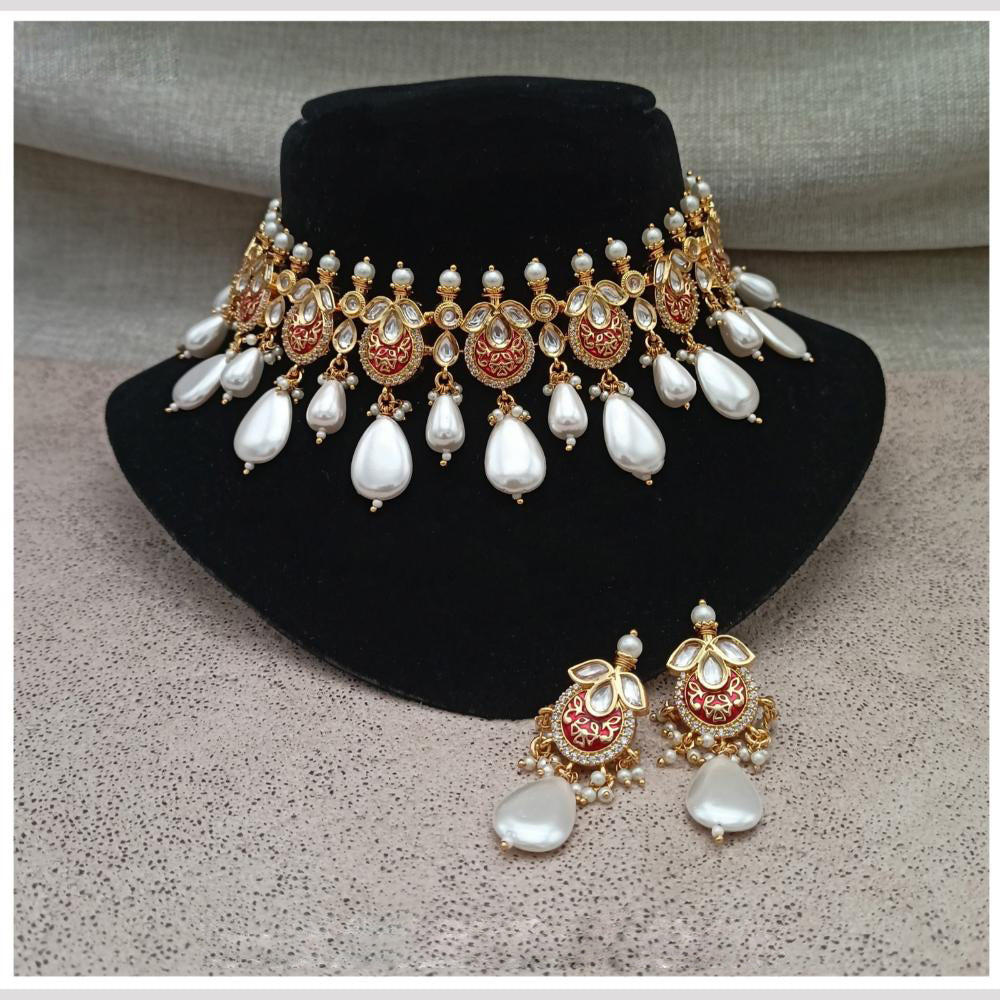 Royal Kundan Jewellery Gold Plated Kundan Stone And Pearls Meenakari Choker Necklace Set