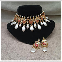 Royal Kundan Jewellery Gold Plated Kundan Stone And Pearls Meenakari Choker Necklace Set