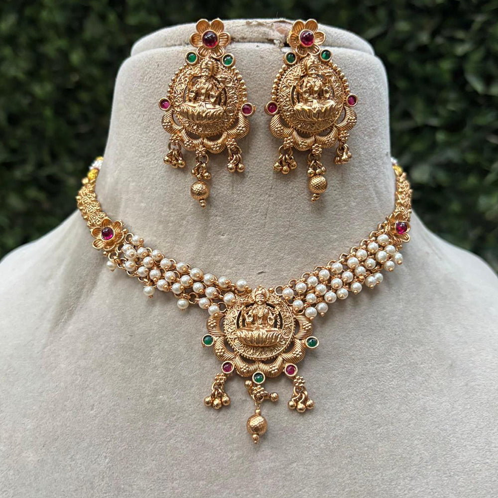 Royal Kundan Jewellery Gold Plated Temple Necklace Set Green & Pink with Pota and Pearls