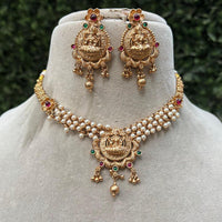 Royal Kundan Jewellery Gold Plated Temple Necklace Set Green & Pink with Pota and Pearls