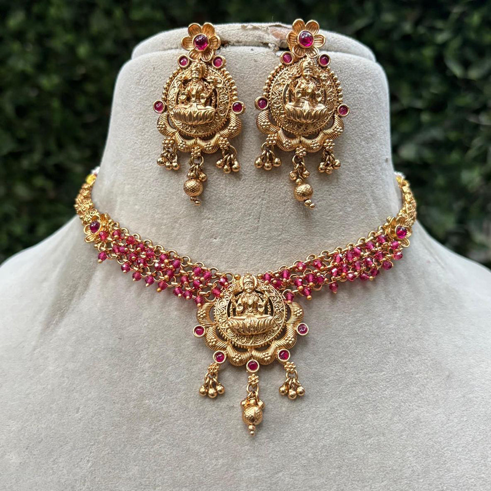 Royal Kundan Jewellery Gold Plated Temple Necklace Set with Pota Stones & Pearls