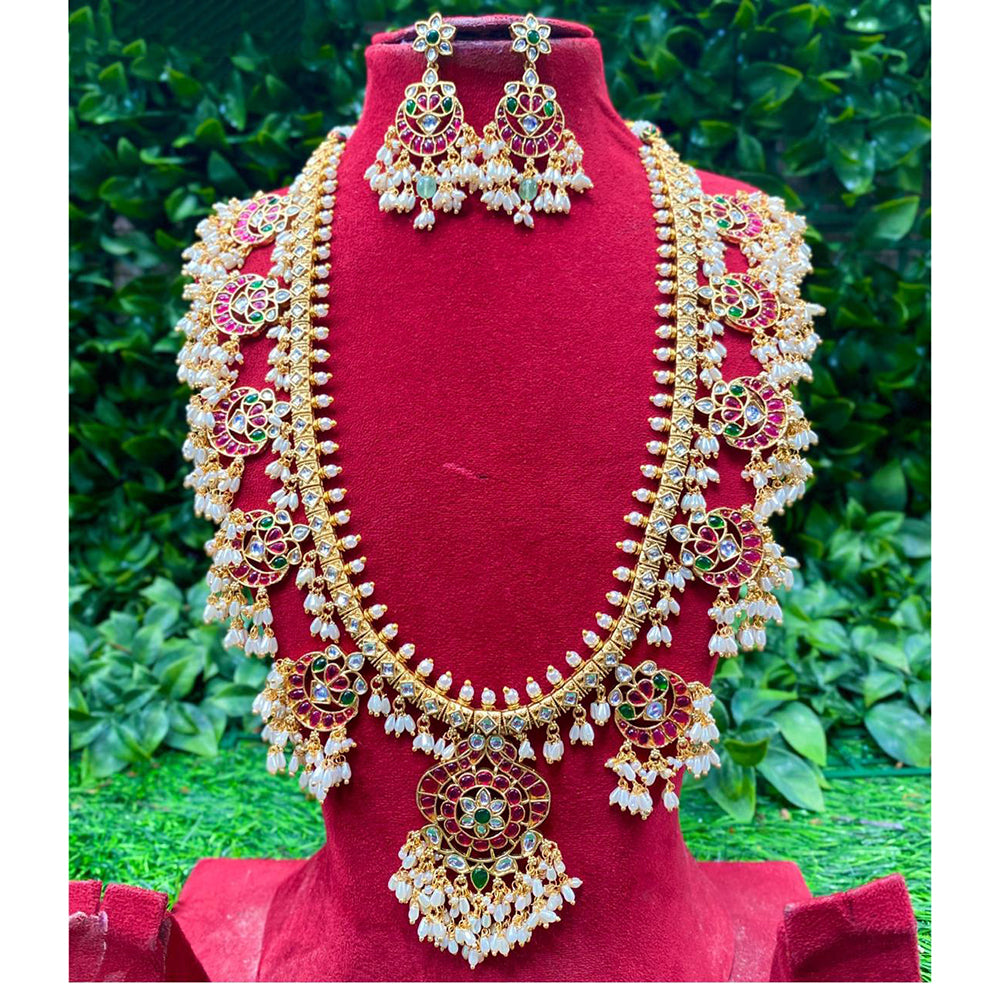 Royal Kundan Jewellery Handcrafted Pota Stone and Pearl Long Necklace Set