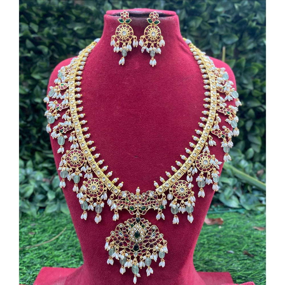 Royal Kundan Jewellery Handcrafted Pota Stone and Pearl Long Necklace Set