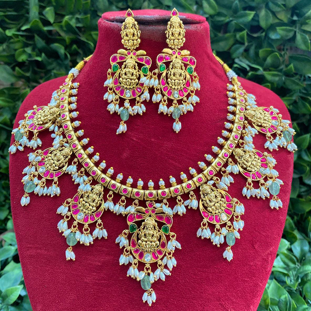 Royal Kundan Jewellery Handcrafted Pota Stone and Pearl Temple Necklace Set