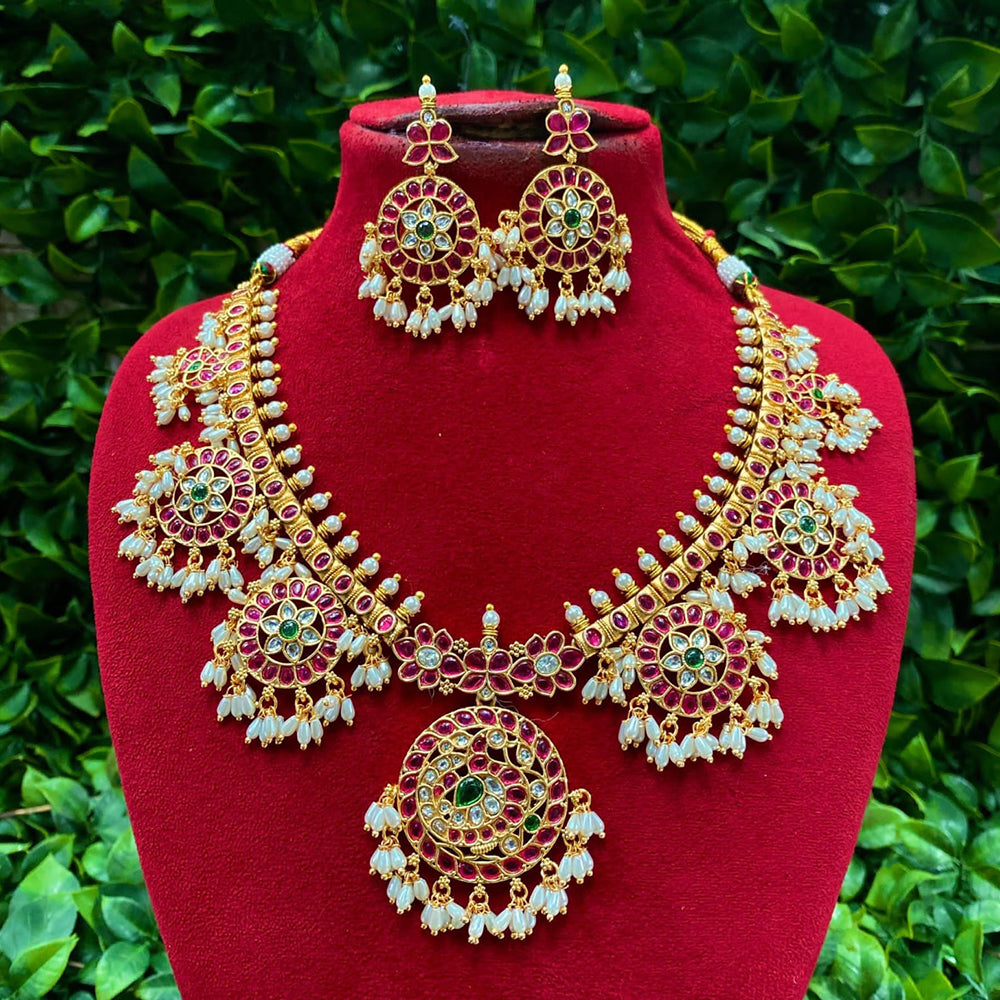 Royal Kundan Jewellery Handcrafted Pota Stone and Pearl Necklace Set