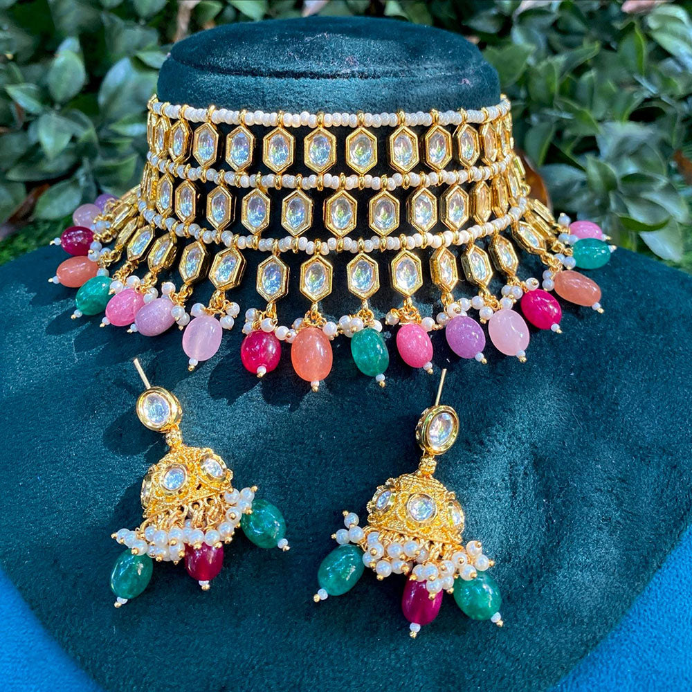 Royal Kundan Jewellery Heavy Look Kundan Pearl Beaded Choker Necklace Set