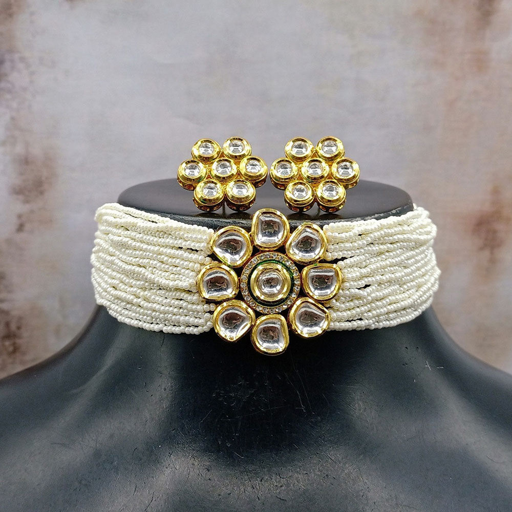 Royal Kundan Jewellery Kundan Stone And Pearl Multi Strand Choker Necklace Set