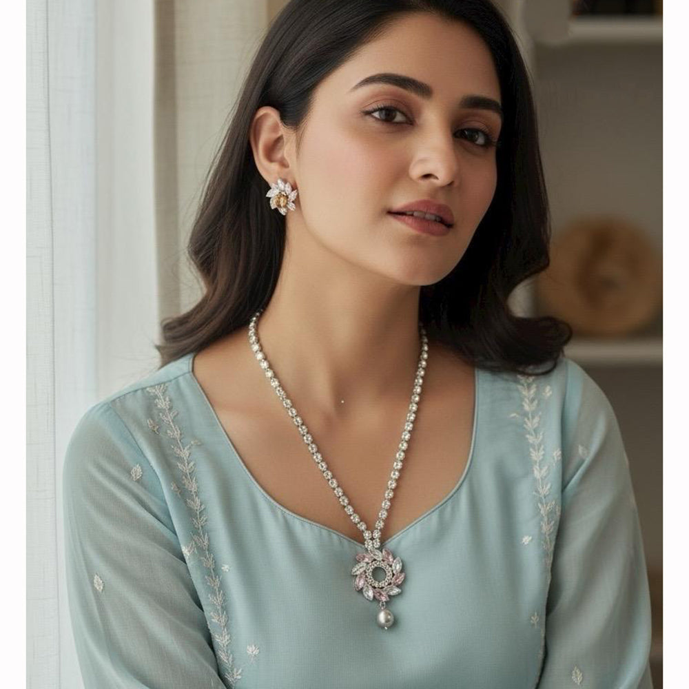 VM Imitation Fancy Crystal Stone And Pearl Statement Necklace Set