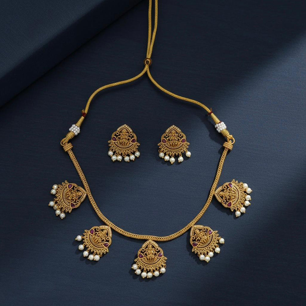 VM Imitation Pota Stone And Pearl Temple Necklace Set 