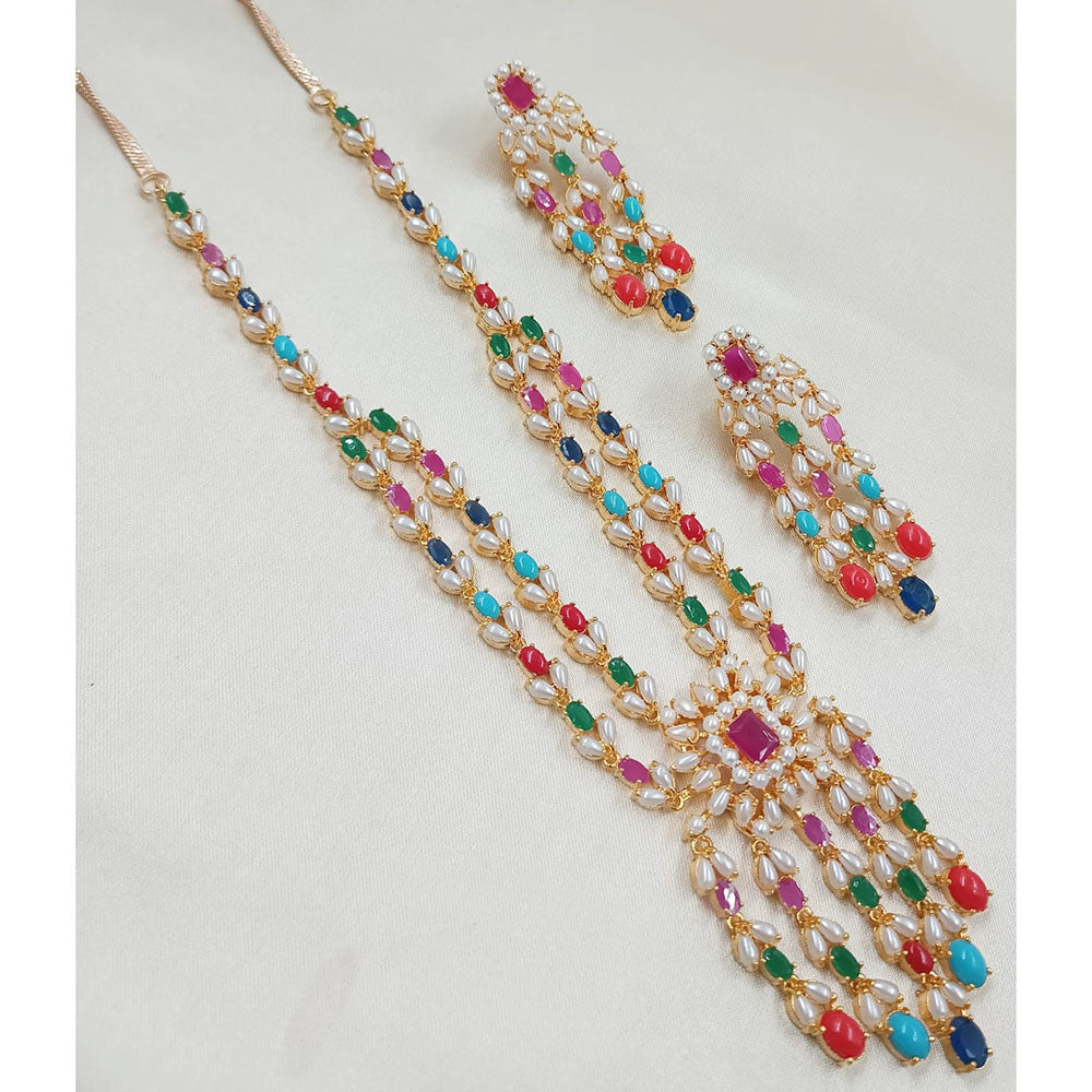 NAFJ Sparkling Crystal Stone And Pearl Designer Long Necklace Set