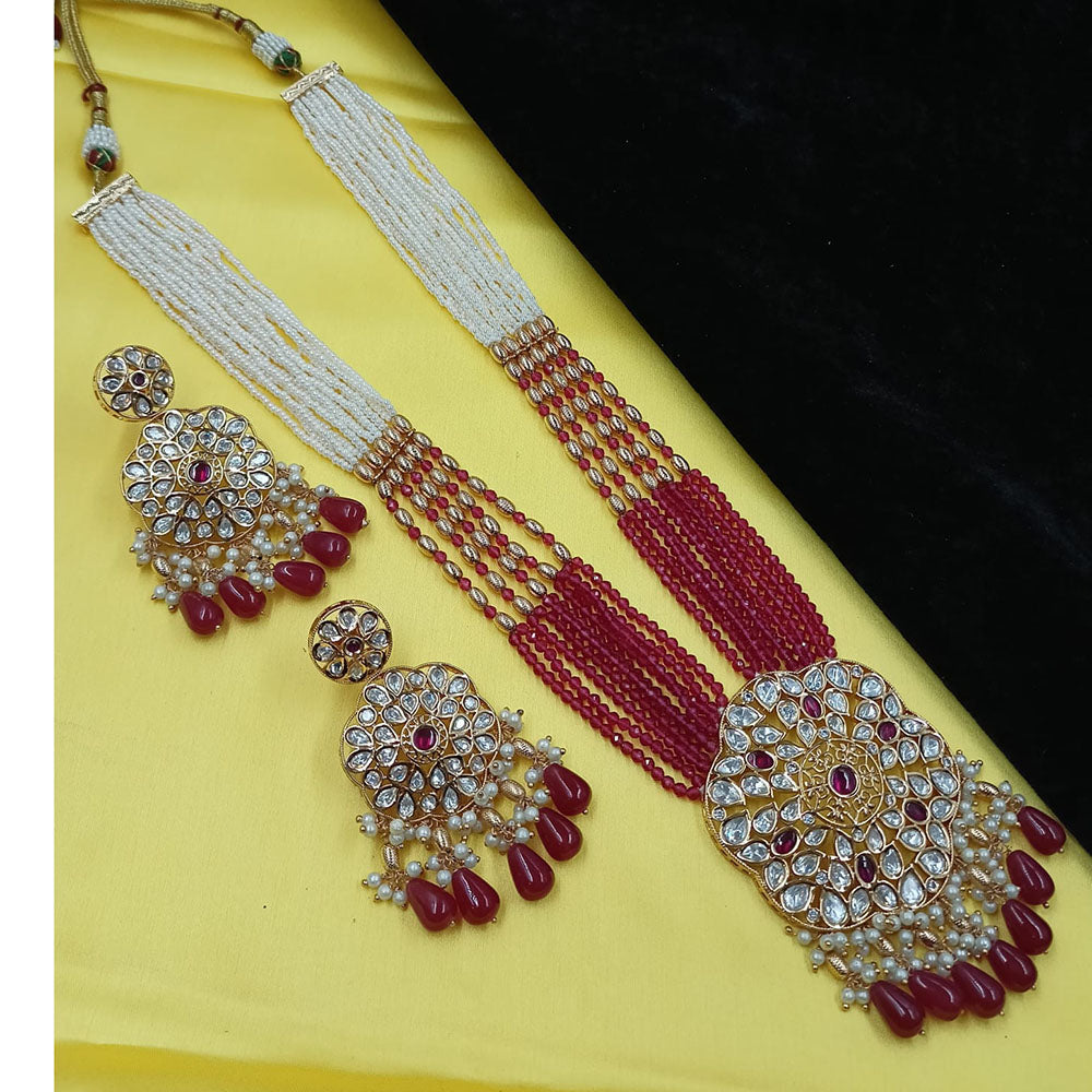 NAFJ Grand Polki Kundan Stone Pearl And Beads Long Necklace Set