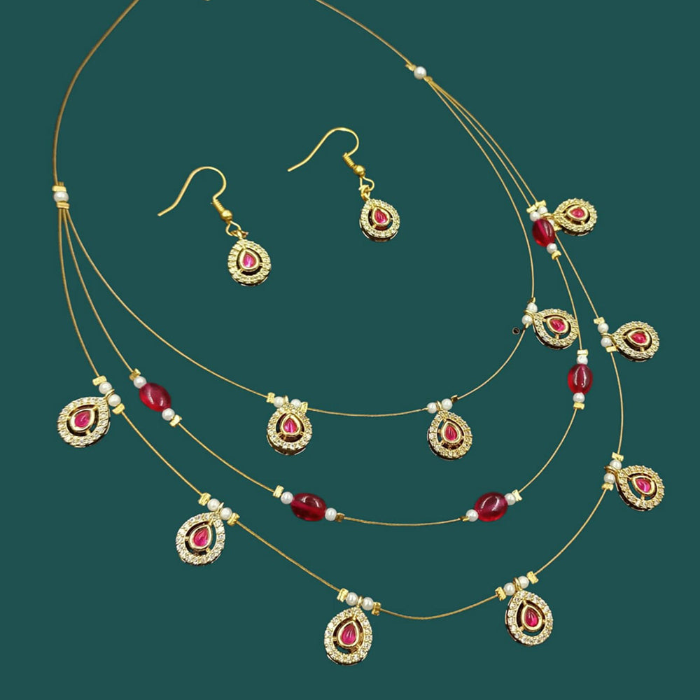 NAFJ Lightweight Multi Layer Floating Chain  Crystal Stone Beads and Pearl Fancy Necklace Set for All Occasions