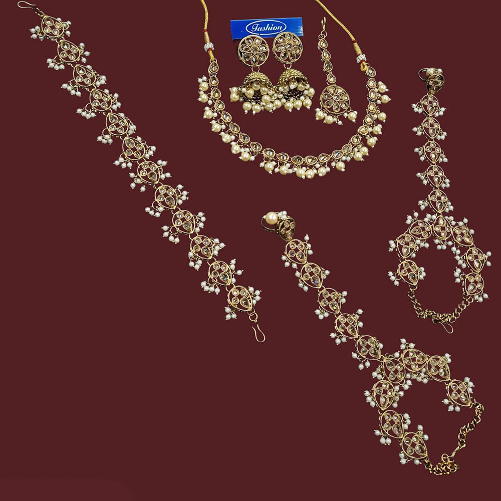NAFJ Elegant Crystal Stone And Pearl Semi Bridal Necklace Set