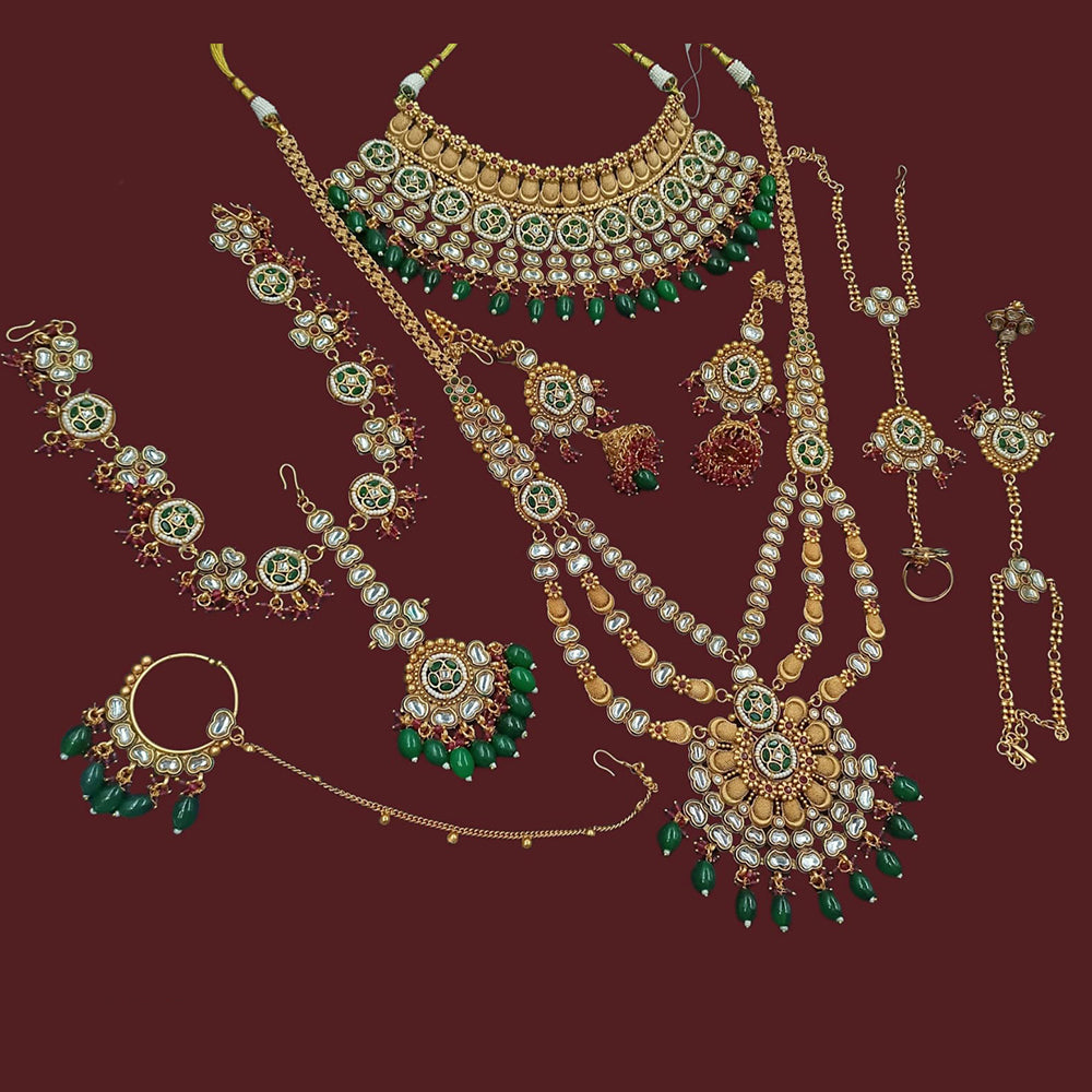 NAFJ Premium Polki kundan Pearl And Beads Meenakari Bridal Jewellery Set