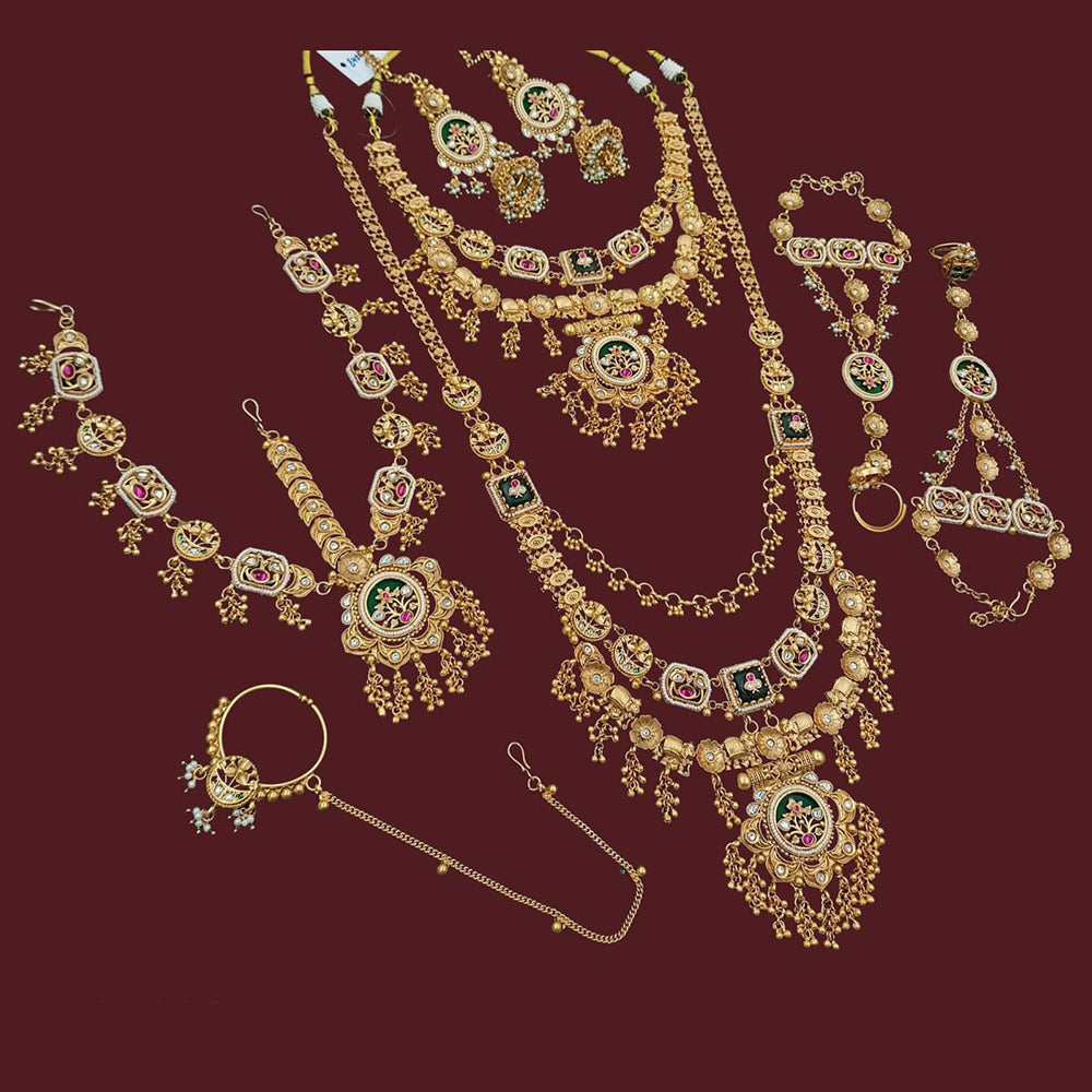 NAFJ Premium Pota Stone Pearl And Beads Meenakari Bridal Jewellery Set