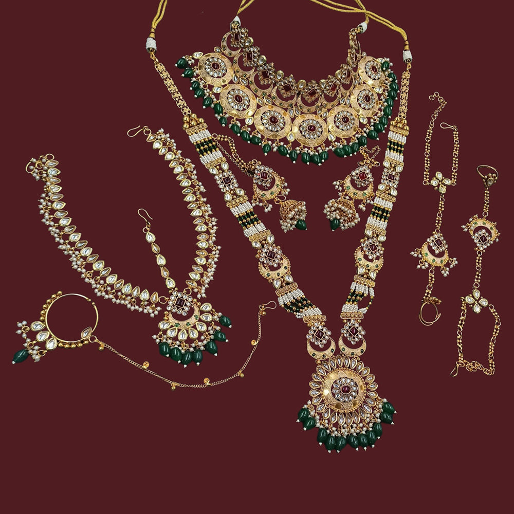 NAFJ Premium Polki kundan Pearl And Beads Meenakari Bridal Jewellery Set