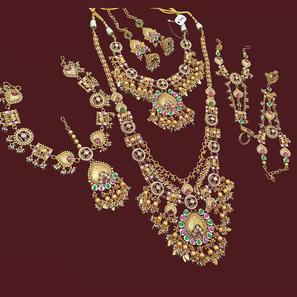 NAFJ Premium Pota Stone Pearl And Beads Meenakari Bridal Jewellery Set