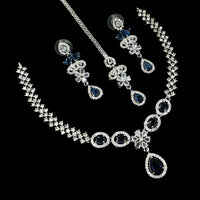 NAFJ Glamorous Crystal Stone And Austrian Stone Designer Necklace Set With Maangtikka
