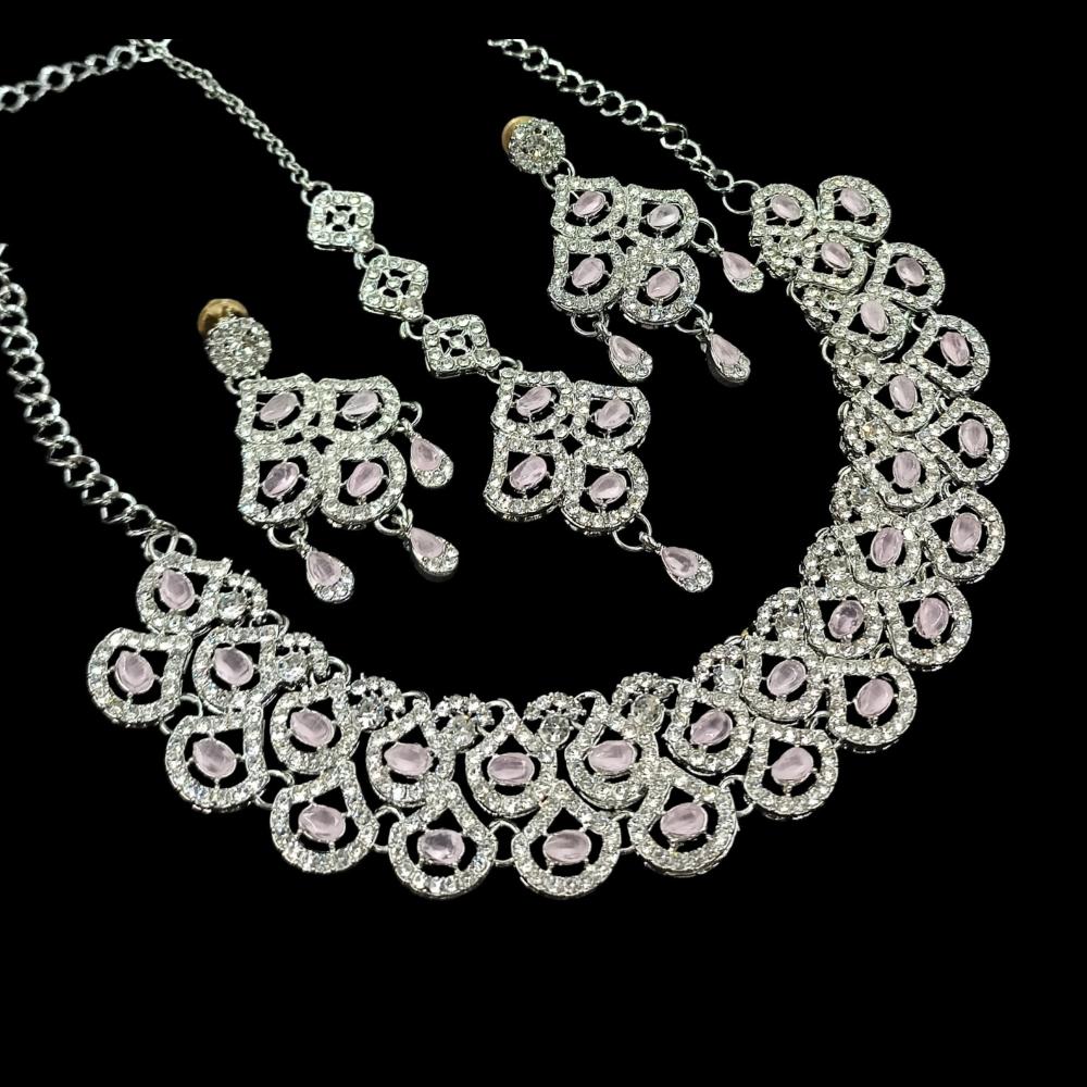 NAFJ Glamorous Crystal Stone And Austrian Stone Designer Necklace Set With Maangtikka
