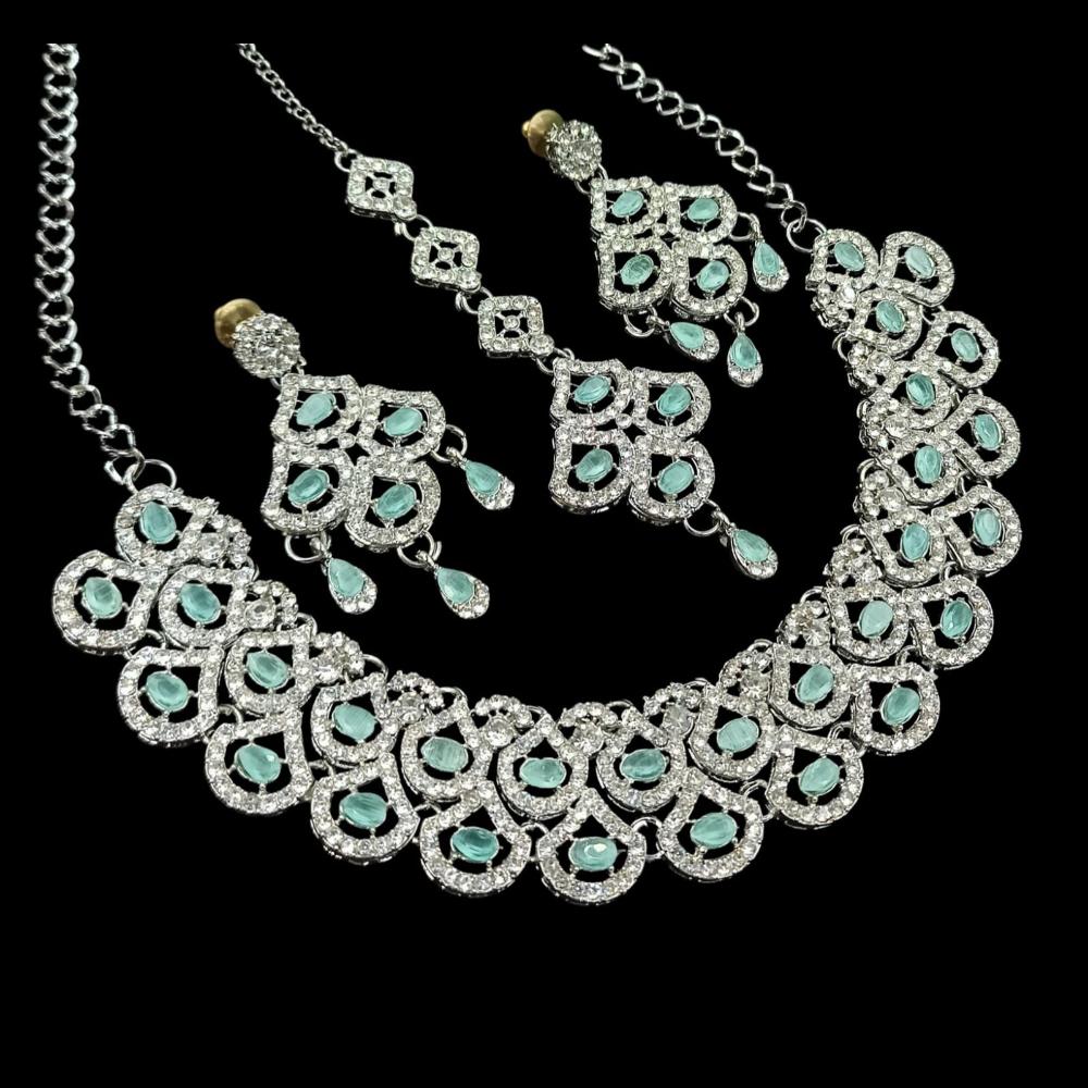 NAFJ Glamorous Crystal Stone And Austrian Stone Designer Necklace Set With Maangtikka