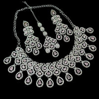 NAFJ Glamorous Crystal Stone And Austrian Stone Designer Necklace Set With Maangtikka