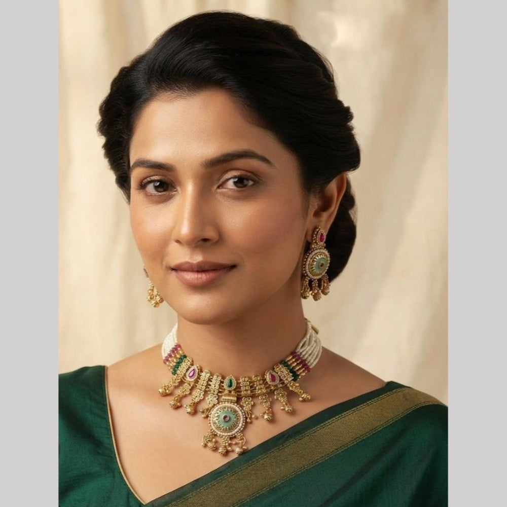 NAFJ Trendy Pota Stone And Pearl Meenakari Choker Necklace Set